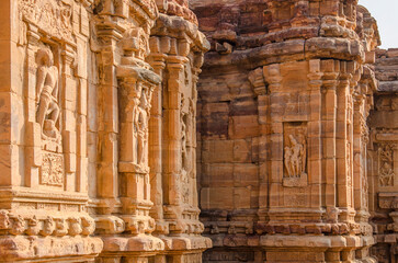 Intricate carving of Hindu deity at Hindu temple, Pattadakal, Bagalkot, Karnataka, India, Asia