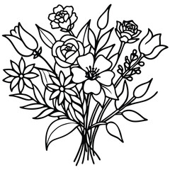 Hand-Drawn Black and Colored Floral Bouquet Illustrations – Botanical Clip art Set for Coloring Pages, Invitations, and Craft Design. Wildflower line art bouquets set, botanical vector illustration.