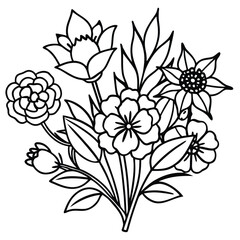 Hand-Drawn Black and Colored Floral Bouquet Illustrations – Botanical Clip art Set for Coloring Pages, Invitations, and Craft Design. Wildflower line art bouquets set, botanical vector illustration.