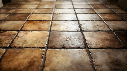 Close-up view of a textured brown tile floor with a glossy finish in sunlight.