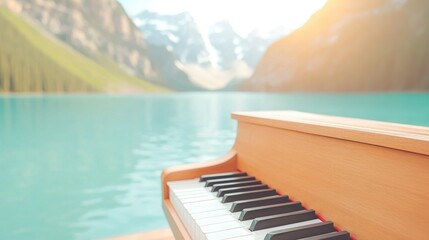 Fototapeta premium Piano placed by serene lake with mountains during golden hour light