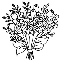 Hand-Drawn Black and Colored Floral Bouquet Illustrations – Botanical Clip art Set for Coloring Pages, Invitations, and Craft Design. Wildflower line art bouquets set, botanical vector illustration.