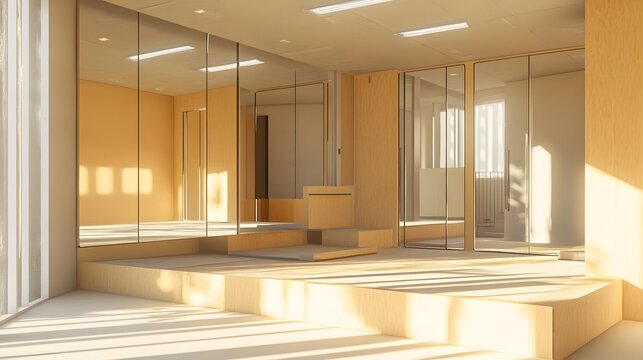 A rehearsal space with mirrors and a small practice stage