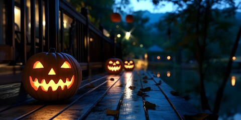 Halloween pumpkin lantern, house background.