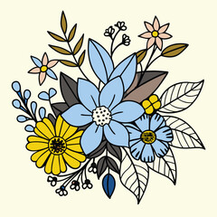 Hand-Drawn Black and Colored Floral Bouquet Illustrations – Botanical Clip art Set for Coloring Pages, Invitations, and Craft Design. Wildflower line art bouquets set, botanical vector illustration.