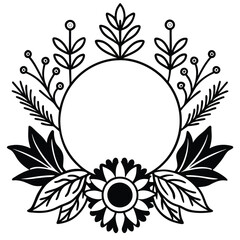 Elegant Blue and black & white Flower Wreaths and Decorative Botanical Borders for Invitations and Greeting Cards. wreath of branches and leaves. simple illustration in sketch style.