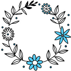 Elegant Blue and black & white Flower Wreaths and Decorative Botanical Borders for Invitations and Greeting Cards. wreath of branches and leaves. simple illustration in sketch style.