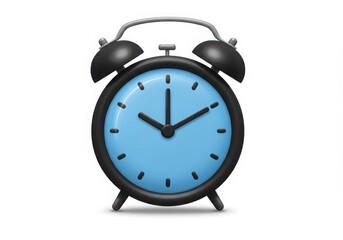 Black alarm clock with blue face isolated on white background