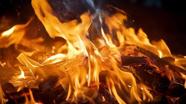 Burning logs and flames in a campfire with a dark background, showcasing the glow and intensity of the fire