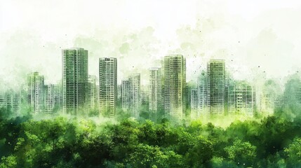 Watercolor City Emerging from Green Foliage