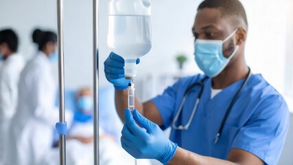 Healthcare medical nurse adjusts intravenous drip in mobile clinic hospital providing attentive care with calm focus and compassion - Powered by Adobe