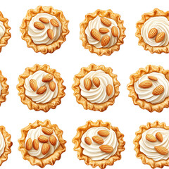 2d illustration of a tileable pattern of almond tarts isolated on a white transparent background
