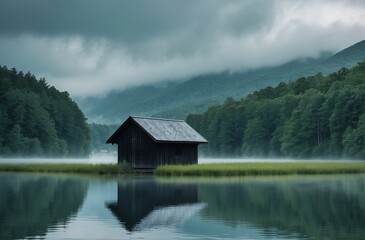 Fototapeta premium idyllic cabin by a misty lake surrounded by lush green forest