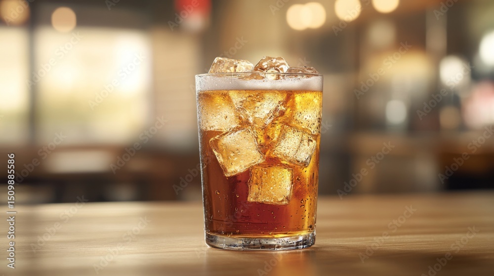 Poster a cold, chilled glass of beer with ice cubes, placed on a wooden table with droplets of condensation