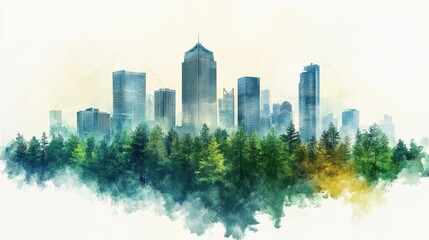 Obraz premium Watercolor City Skyline Emerging from Lush Forest