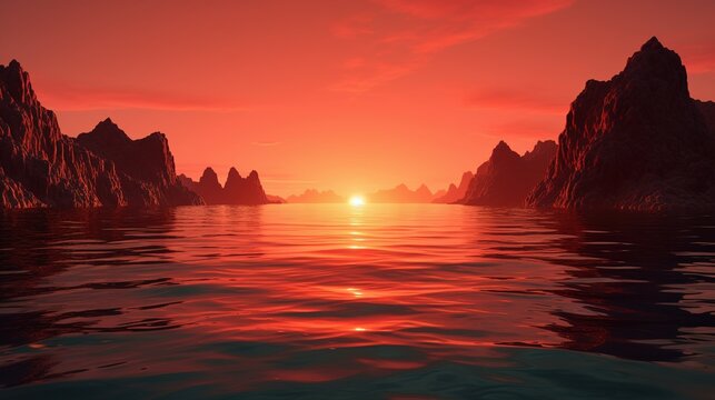 The setting sun bathes sharp cliffs and tranquil waters in a dramatic array of red and orange hues.