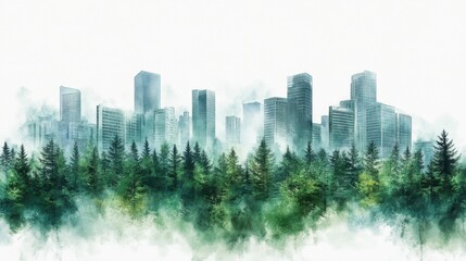 Obraz premium Watercolor City Skyline Emerging from Lush Forest