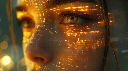 Close-up of womans face integrated with digital grid representing ai technology in a futuristic setting at night