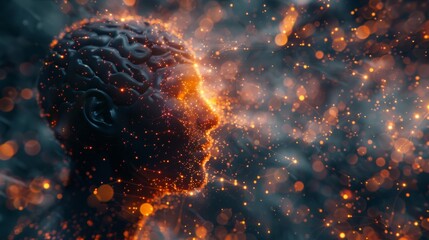 Close-up of womans face integrated with digital grid representing ai technology in a futuristic setting at night