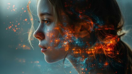 Close-up of womans face integrated with digital grid representing ai technology in a futuristic setting at night