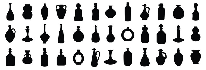 Bottle and jug silhouette collection. Oil, potion, alcohol, perfume black bottle silhouette. Set of black jug silhouette, vector