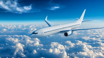 Obraz premium A commercial airplane soaring through the sky, leaving a white contrail against fluffy clouds.