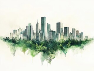 Obraz premium Watercolor City Skyline Emerging from Lush Greenery