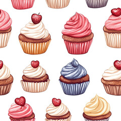 2d illustration of a tileable pattern of cupcakes isolated on a white transparent background