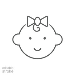 Happy little girl head icon. Simple outline style. Line symbol isolated. Face of baby girl. Editable stroke