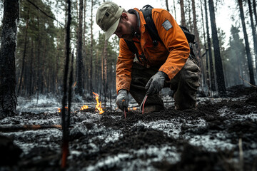 A scientist measuring carbon levels in soil post-fire