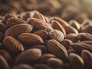Photo of a pile of nutritious almonds scattered closely together, showcasing their natural, brown texture