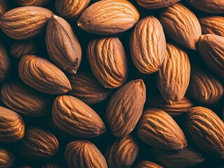 Photo of a pile of nutritious almonds scattered closely together, showcasing their natural, brown texture