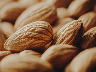 Photo of a pile of nutritious almonds scattered closely together, showcasing their natural, brown texture