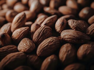 Photo of a pile of nutritious almonds scattered closely together, showcasing their natural, brown texture