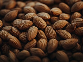 Photo of a pile of nutritious almonds scattered closely together, showcasing their natural, brown texture