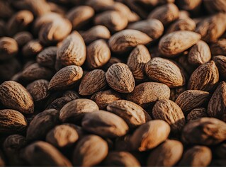 Photo of a pile of nutritious almonds scattered closely together, showcasing their natural, brown texture