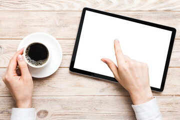 Close up image woman hands holding digital tablet with blank copy space screen for your text...