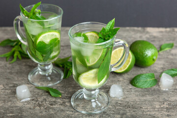 Mojito cocktail. Refreshing mojito cocktail with lime, lemon and mint in a tall glass with a stick
