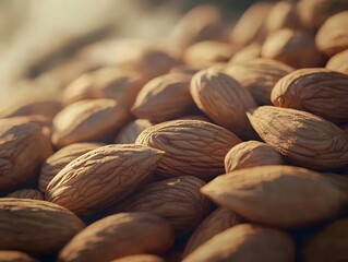 Photo of a pile of nutritious almonds scattered closely together, showcasing their natural, brown texture