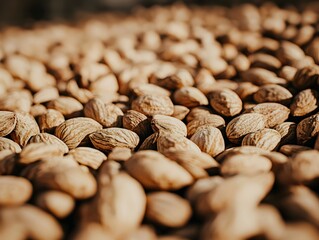 Photo of a pile of nutritious almonds scattered closely together, showcasing their natural, brown texture