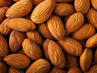 Photo of a pile of nutritious almonds scattered closely together, showcasing their natural, brown texture