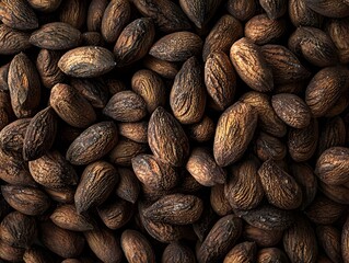 Photo of a pile of nutritious almonds scattered closely together, showcasing their natural, brown texture