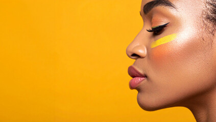 Fototapeta premium A profile of a woman with colorful makeup. Close-up of the female's face profile against a deep yellow background.