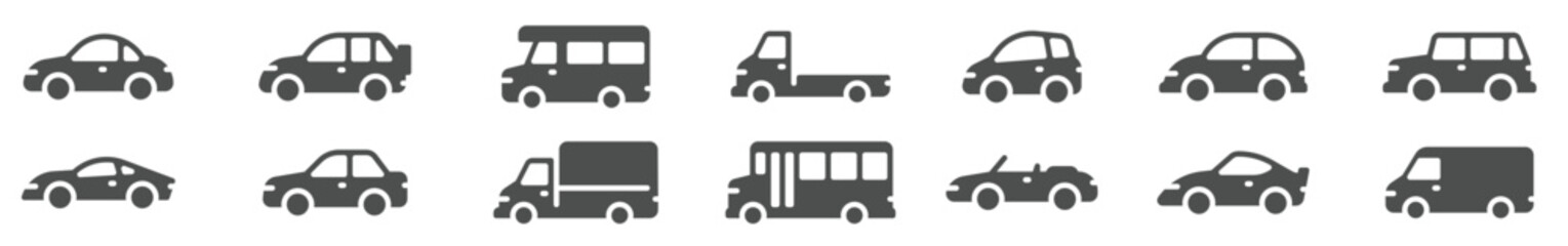 car icons black vehicle silhouettes automobiles travel auto models sedan truck suv bus vector