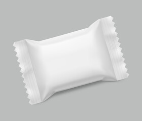 Realistic flow pack for candy mockup. Front and rear views. Vector illustration on grey background. Easy to use for presentation your product, idea, design. EPS10.