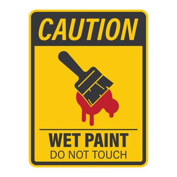 Isolated caution sign warning of wet paint with brush and dripping paint illustration, caution symbol to prevent accidental contact.