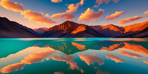 Serene Mountain Sunset Reflections on Turquoise Waters

