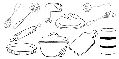 Kitchen utensil set with whisks spatulas rolling pin dutch oven mixer and baking tools