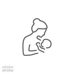 Breastfeeding, motherhood flat line icon. Simple outline style. A baby in a sling in a womans arms. Editable stroke