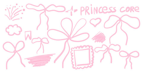 Hand drawn trendy pink girly vintage elements set. Bow, frame and scribbles. Ribbons isolated. Trendy girls accessories. Cute hairstyle elements collection